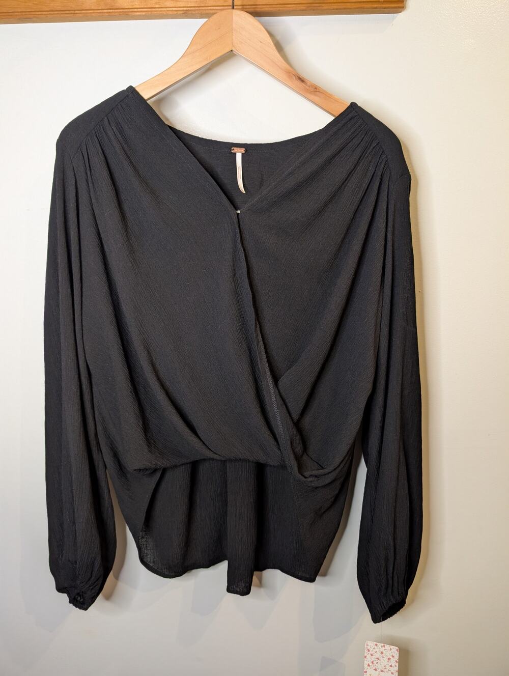 Free People Check On It Black Flowy Gathered Waist Top Boho Peasant Small NWT